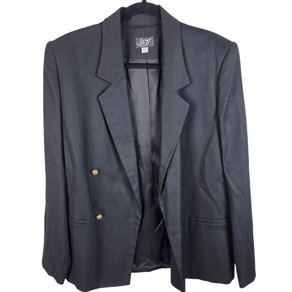 V.I.P. Vintage Blazer Women 6 Black Good Double Breasted Gold Button Linen Rayon